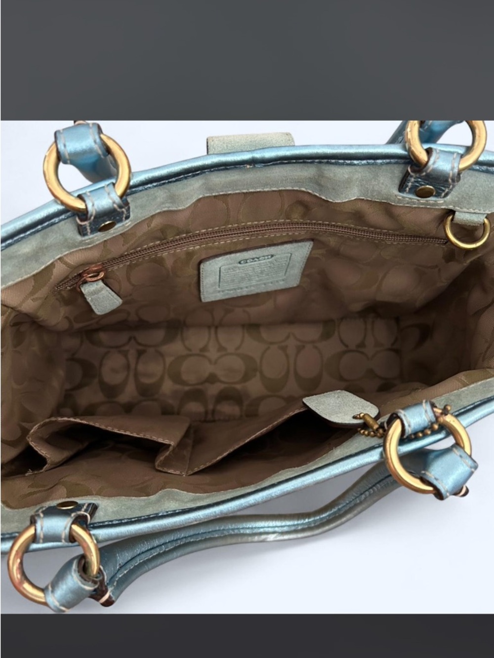 Woven Tote with Metallic Blue Trim and Center Buckle - Picture 3 of 5